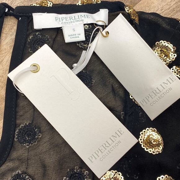 Piperlime Collection Sheer Black w/ Gold Sequin New Year Party Crew Neck Top S - Picture 7 of 8